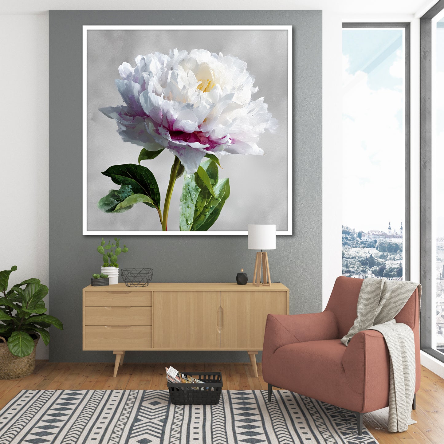 White Peony Flower Canvas Wall Art - Large Square Floral Painting for Living Room