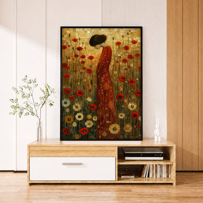 Klimt Red Dress Woman Canvas Art - Luxury Art Deco Style