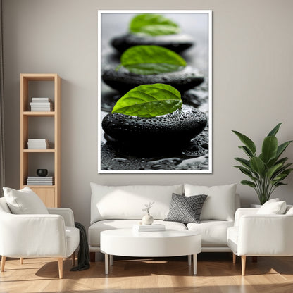 Wet Zen Stones and Green Leaf Wall Art - Spa Meditation Print