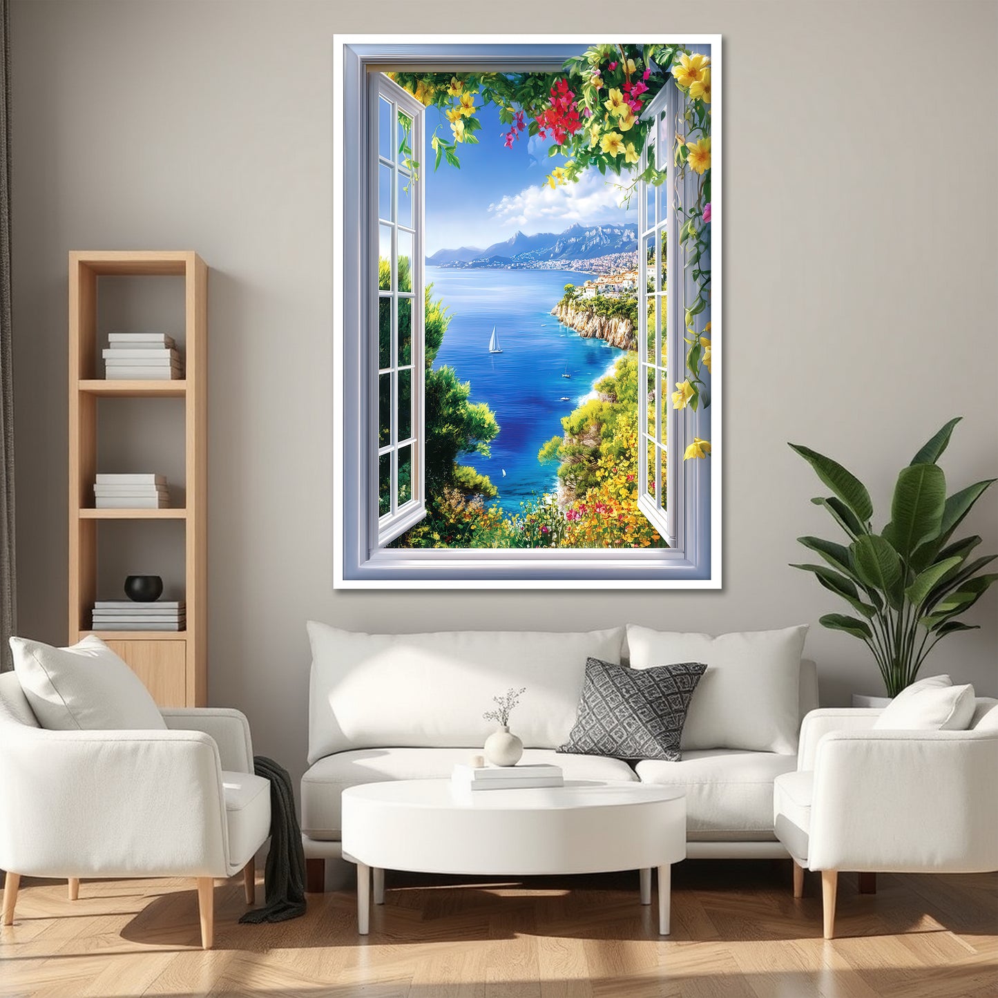 Faux Window View Canvas Wall Art - Mediterranean Sea Landscape Print