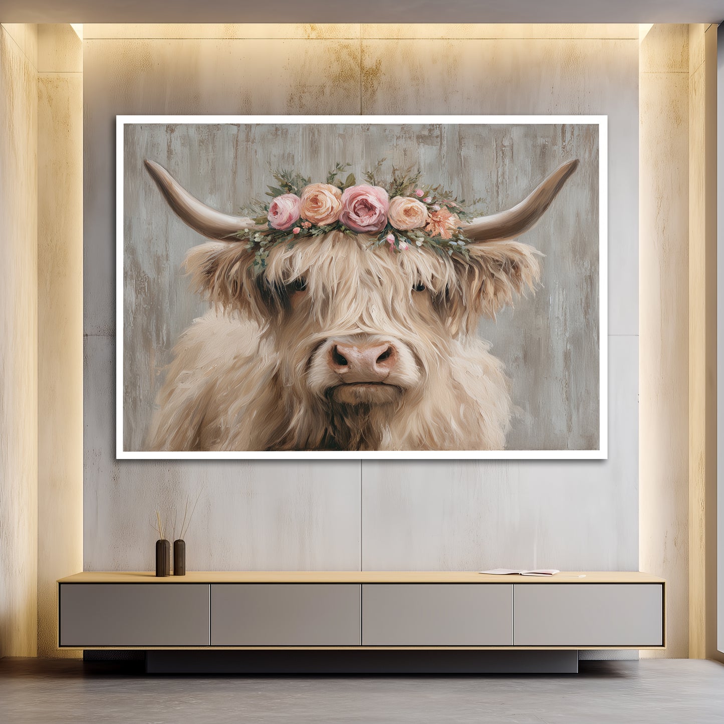 Highland Cow with Floral Crown Canvas Wall Art - Cute Farmhouse Decor