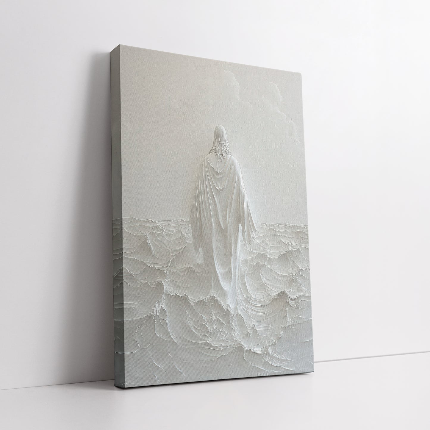 Jesus Walking on Water Canvas Print - White Minimalist Wall Art