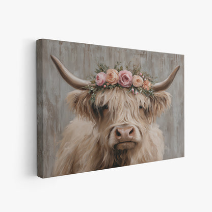 Highland Cow with Floral Crown Canvas Wall Art - Cute Farmhouse Decor