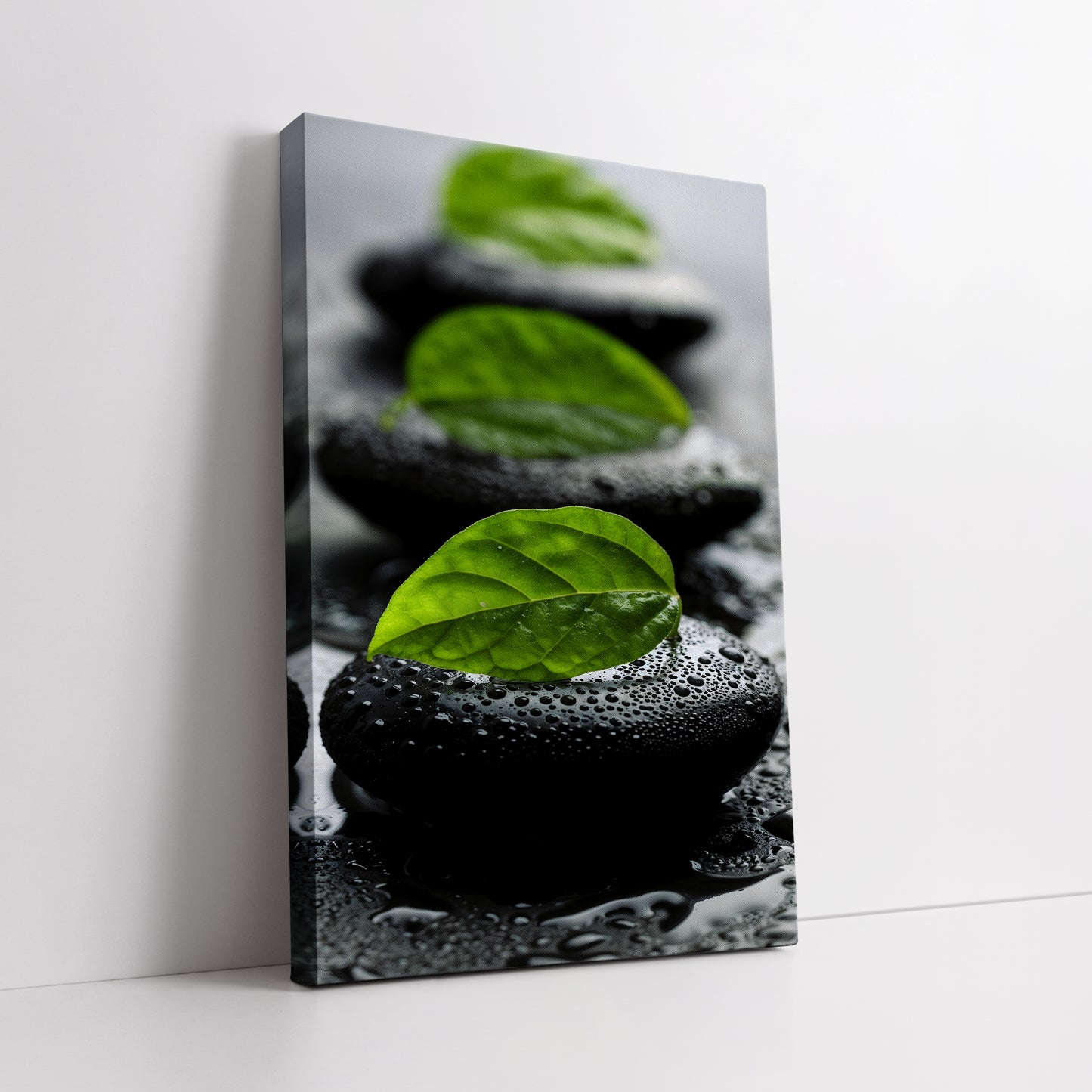 Wet Zen Stones and Green Leaf Wall Art - Spa Meditation Print