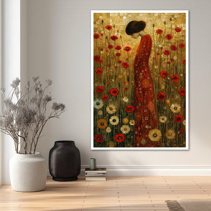 Klimt Red Dress Woman Canvas Art - Luxury Art Deco Style