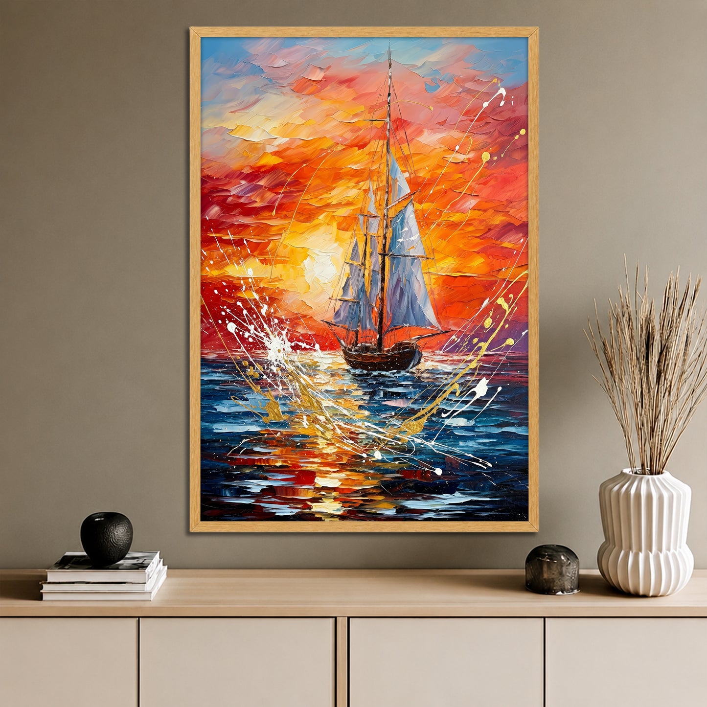 Sunset Sailing Boat Canvas Wall Art - Modern Ocean Landscape Decor