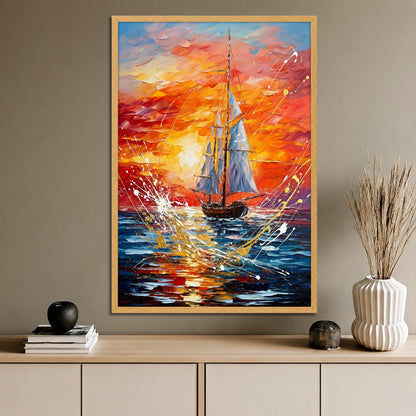 Sunset Sailing Boat Canvas Wall Art - Modern Ocean Landscape Decor