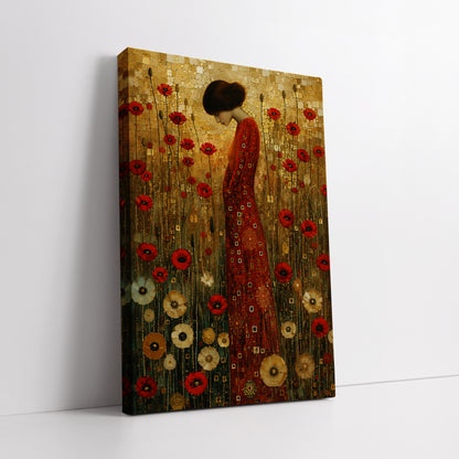 Klimt Red Dress Woman Canvas Art - Luxury Art Deco Style