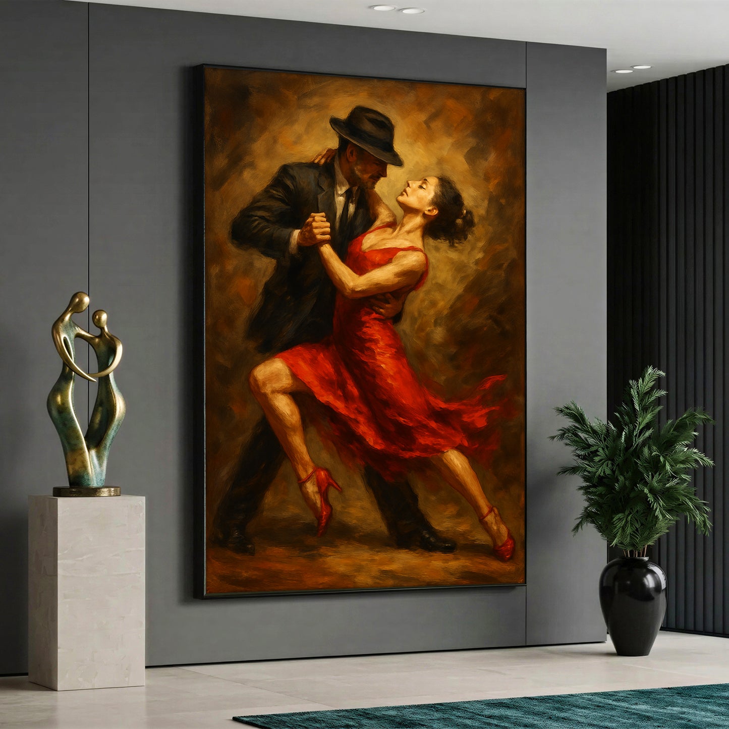 A high-quality canvas print featuring a romantic couple dancing tango, with a woman in a vibrant red dress and a man in a hat, in an elegant oil painting style.