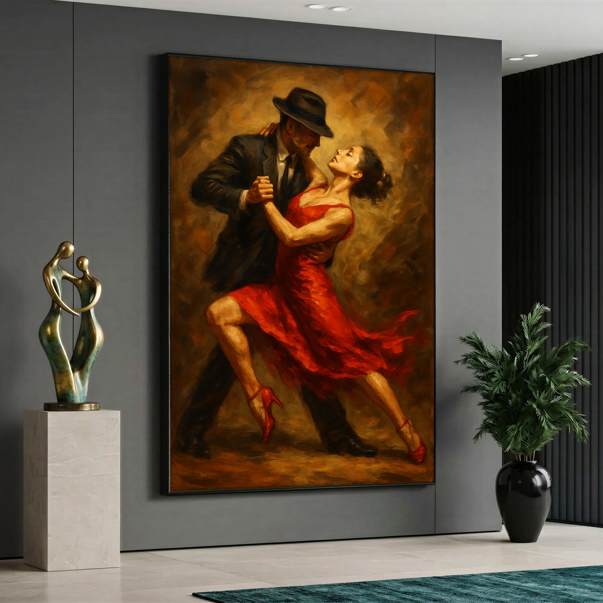 A high-quality canvas print featuring a romantic couple dancing tango, with a woman in a vibrant red dress and a man in a hat, in an elegant oil painting style.
