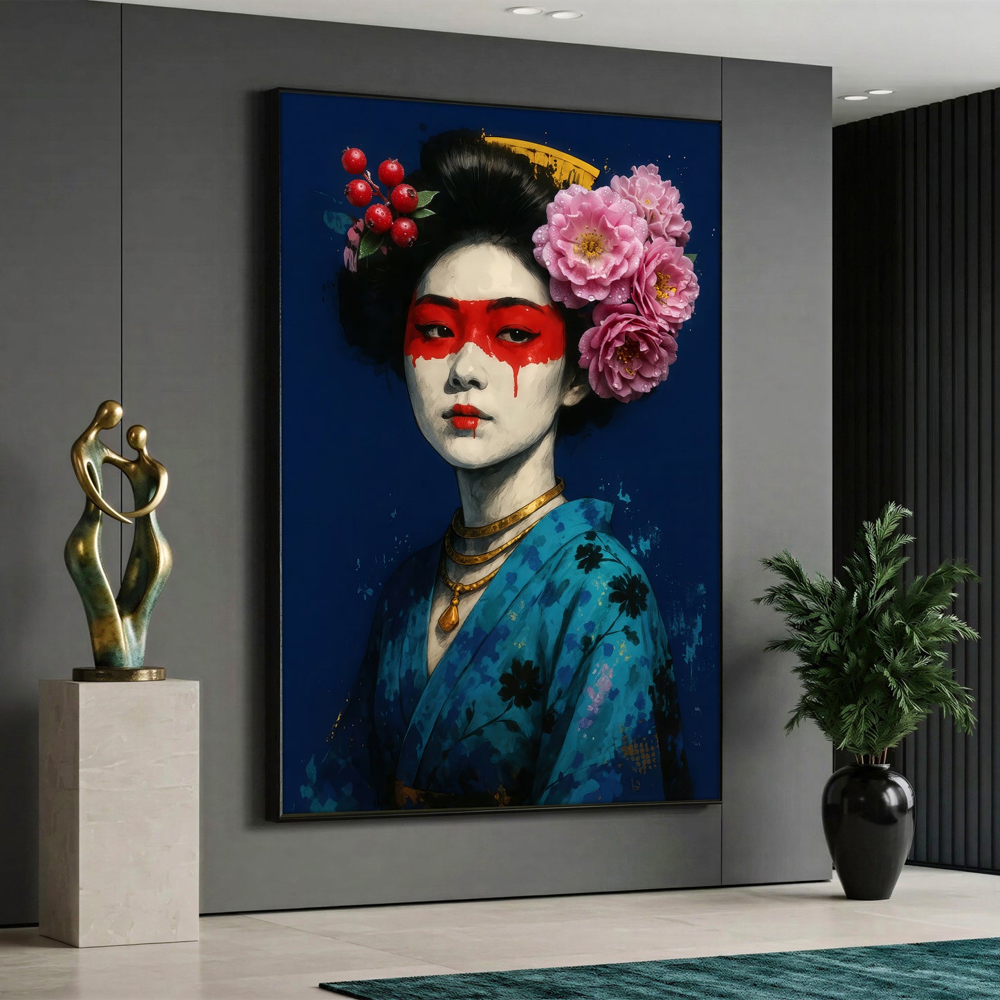 Modern Japanese Geisha Canvas Wall Art - Blue Kimono Portrait Decor