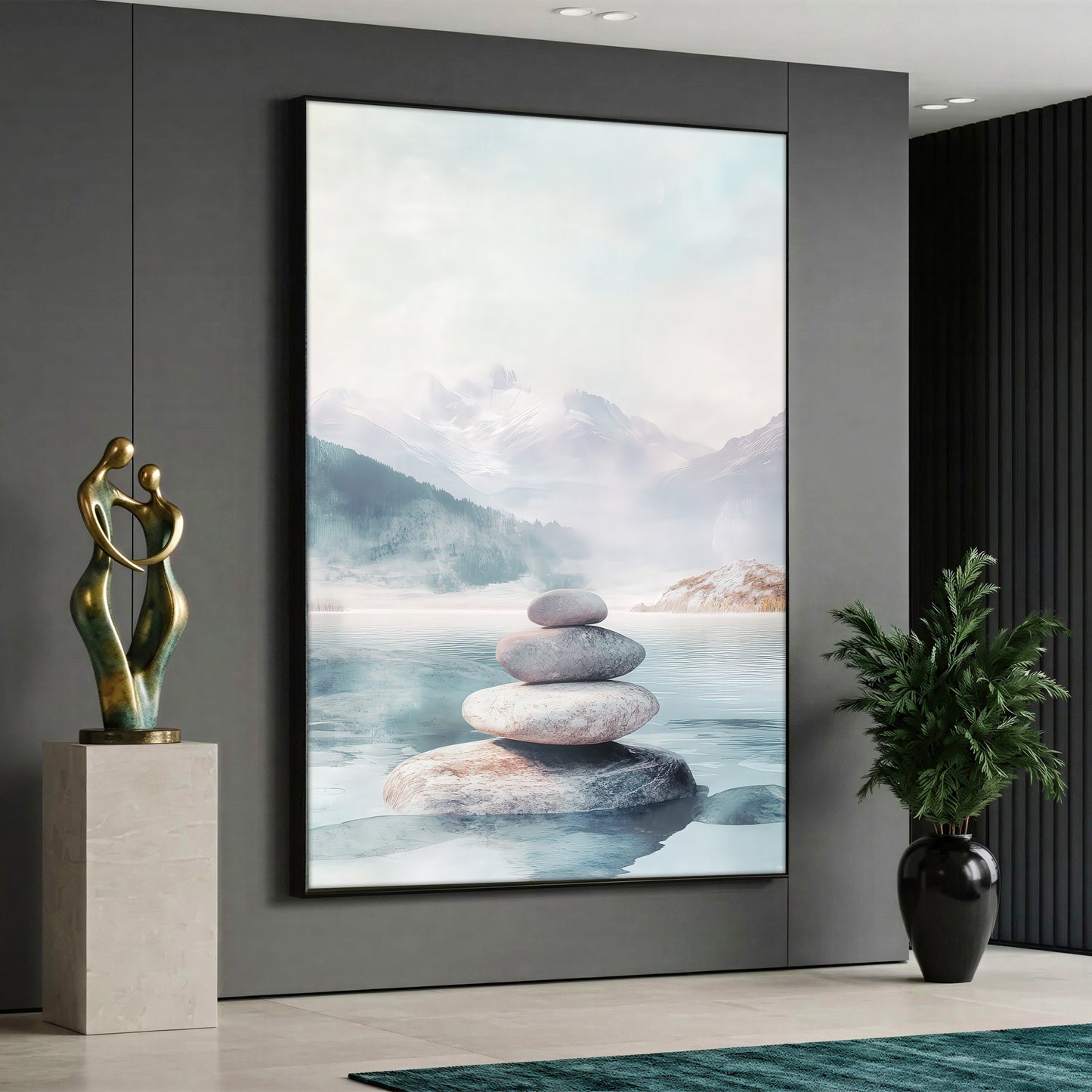 A serene Zen canvas painting depicting light-colored pebbles balanced and stacked in a calm lake, with misty snow-capped mountains and a pine forest in the background using soft pastel tones.