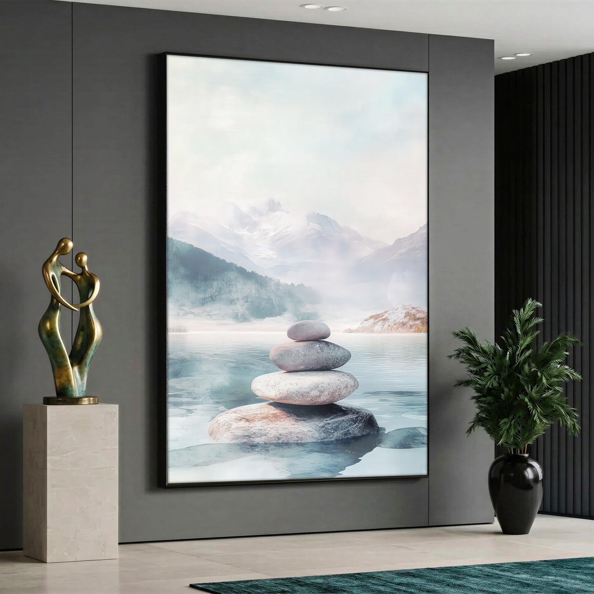 A serene Zen canvas painting depicting light-colored pebbles balanced and stacked in a calm lake, with misty snow-capped mountains and a pine forest in the background using soft pastel tones.