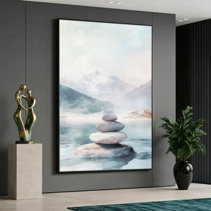 A serene Zen canvas painting depicting light-colored pebbles balanced and stacked in a calm lake, with misty snow-capped mountains and a pine forest in the background using soft pastel tones.