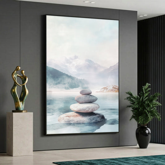 A serene Zen canvas painting depicting light-colored pebbles balanced and stacked in a calm lake, with misty snow-capped mountains and a pine forest in the background using soft pastel tones.