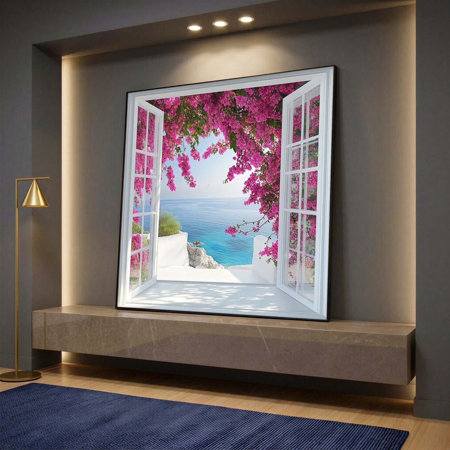 Mediterranean Open Window View Canvas Wall Art - Bougainvillea Flower Sea Landscape Print