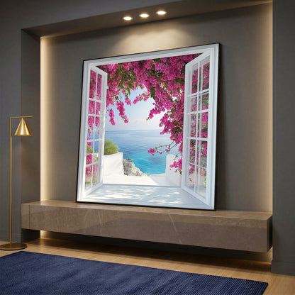 Mediterranean Open Window View Canvas Wall Art - Bougainvillea Flower Sea Landscape Print