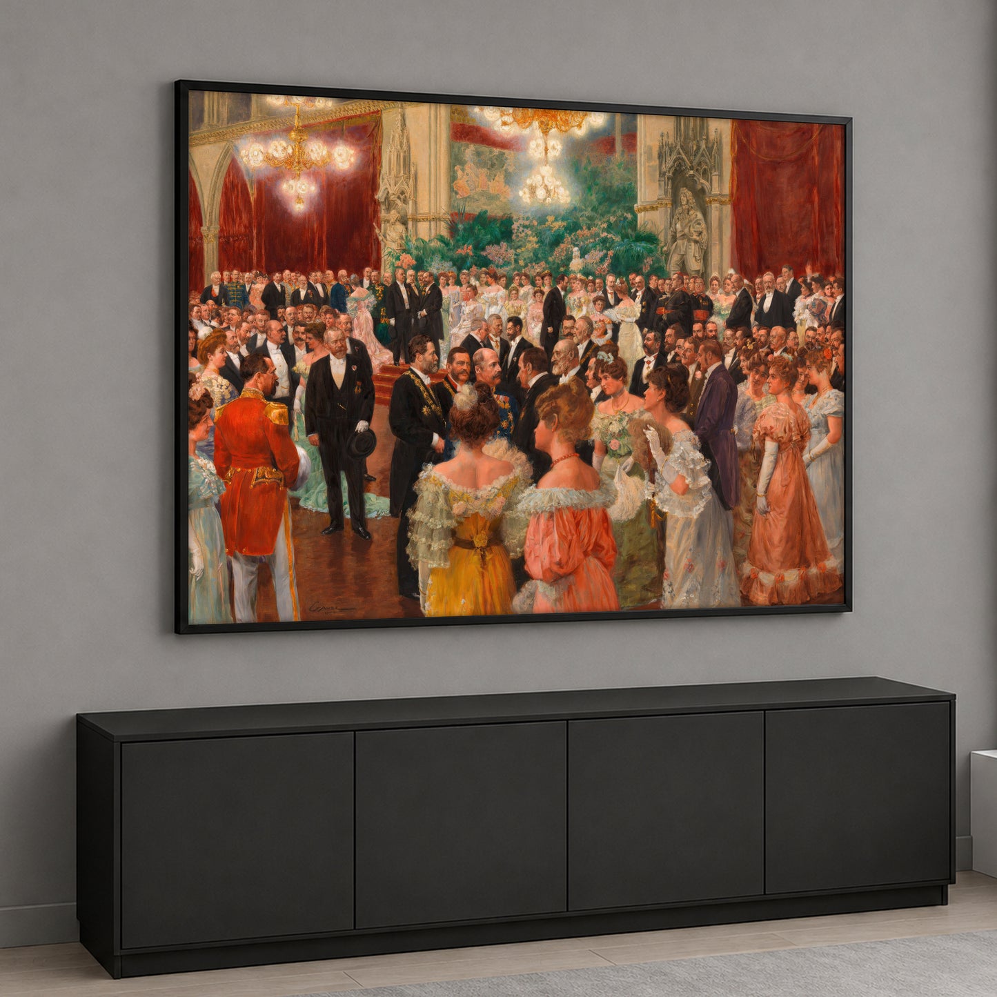 Horizontal canvas wall art featuring a grand 19th-century ballroom gala with a large crowd of elegant women in gowns and men in formal attire or military uniforms under chandeliers.
