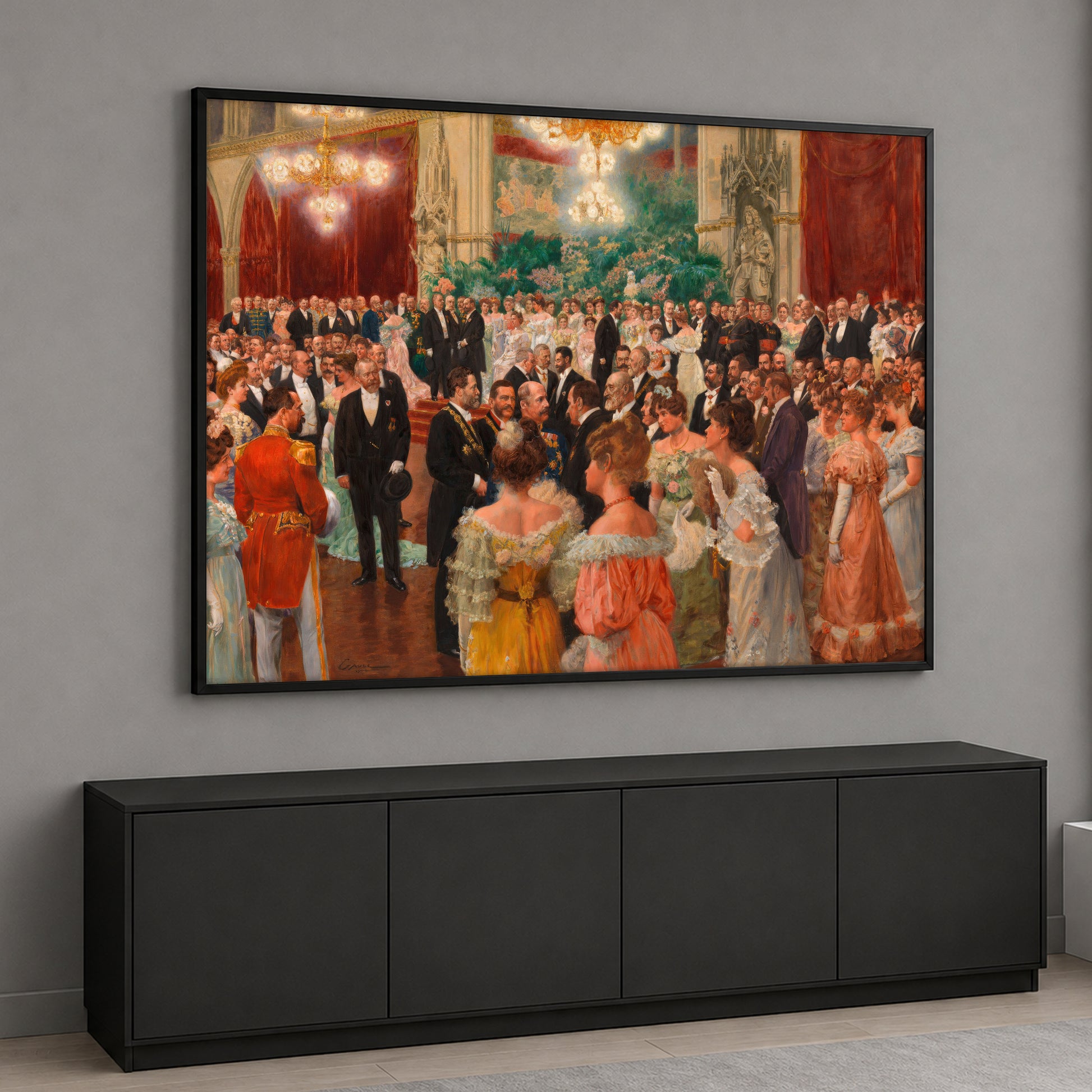 Horizontal canvas wall art featuring a grand 19th-century ballroom gala with a large crowd of elegant women in gowns and men in formal attire or military uniforms under chandeliers.