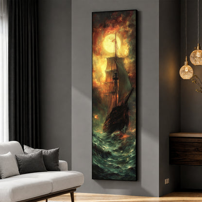 Ghost Ship in Stormy Sea Canvas Wall Art - Dramatic Nautical Decor