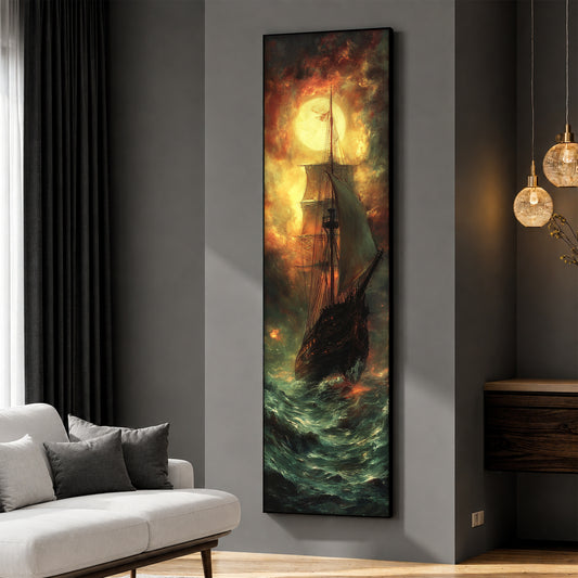 Ghost Ship in Stormy Sea Canvas Wall Art - Dramatic Nautical Decor