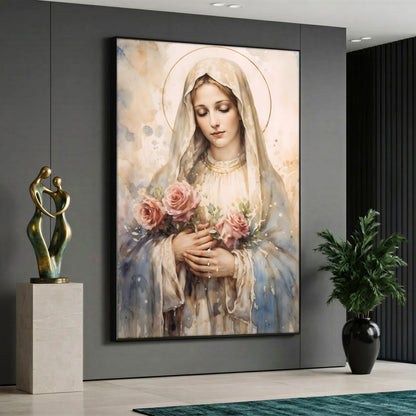 A vertical canvas print of the Virgin Mary holding pink roses, with a thin golden halo, displayed on a modern grey living room wall.