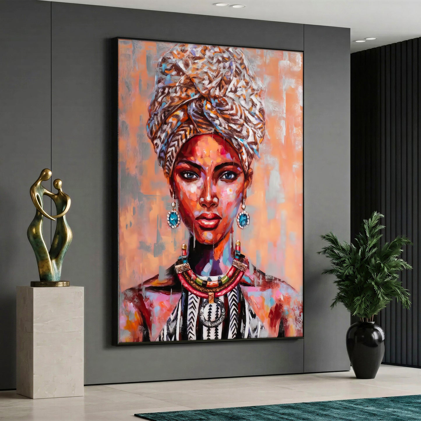 A high-quality abstract canvas print featuring a striking portrait of a colorful African woman with traditional jewelry and headwrap against a vibrant textured background.