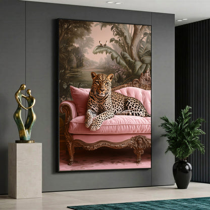 Leopard on Pink Sofa Canvas Print - Maximalist Jungle Wall Art