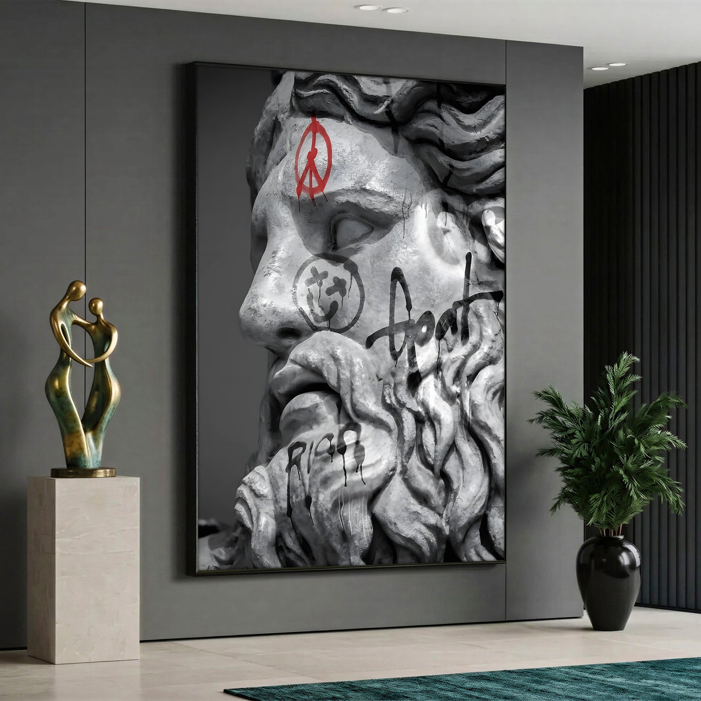 A modern pop art canvas painting depicting a monochrome black and white ancient Greek statue bust with a red peace symbol, a smiley face, and black dripping graffiti text drawn on its face and beard.