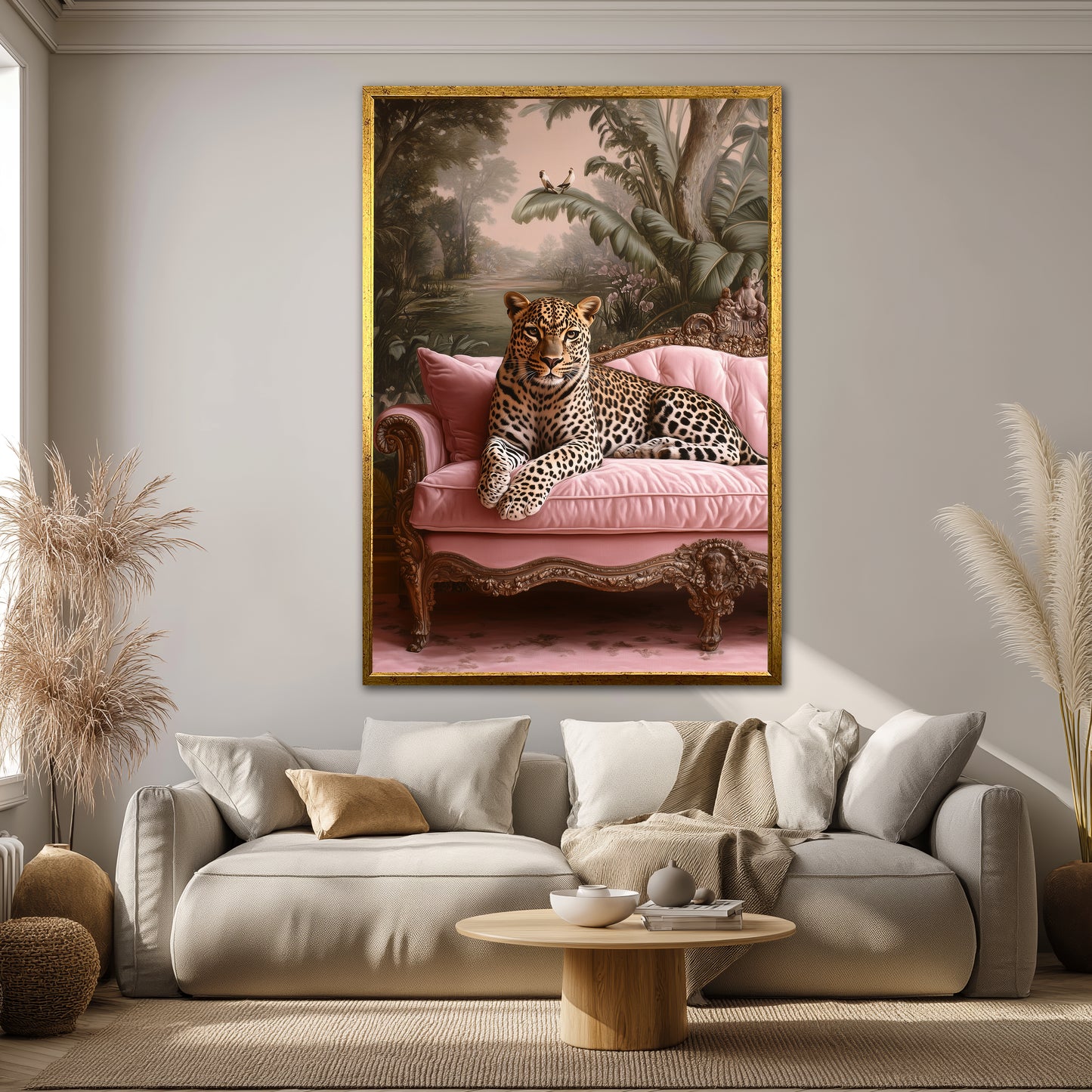 Leopard on Pink Sofa Canvas Print - Maximalist Jungle Wall Art