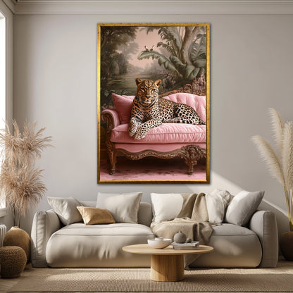 Leopard on Pink Sofa Canvas Print - Maximalist Jungle Wall Art