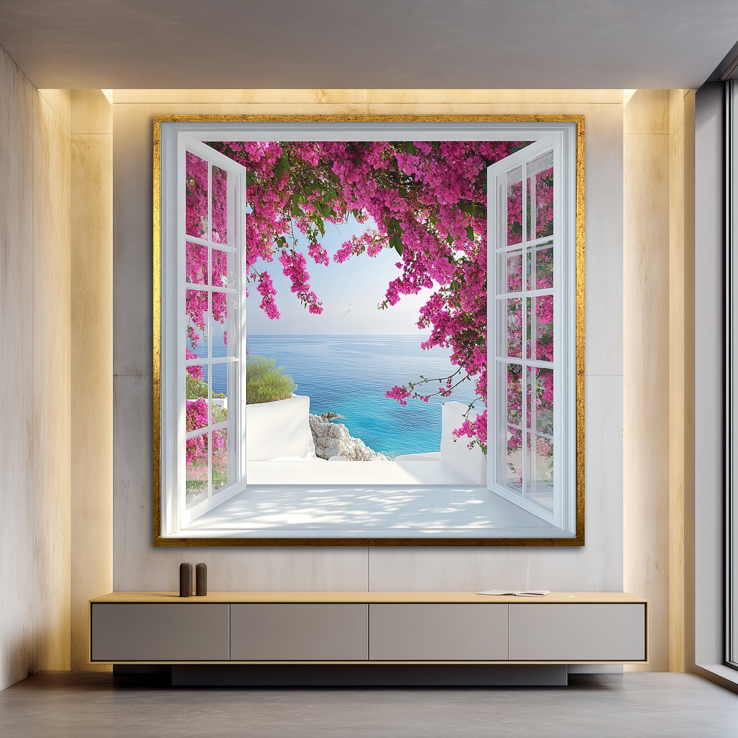 Mediterranean Open Window View Canvas Wall Art - Bougainvillea Flower Sea Landscape Print