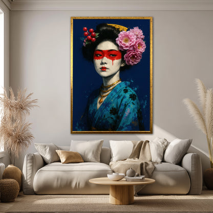 Modern Japanese Geisha Canvas Wall Art - Blue Kimono Portrait Decor