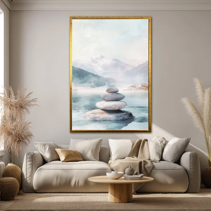Zen Balanced Stones Misty Mountain Wall Art - Nordic Landscape Print