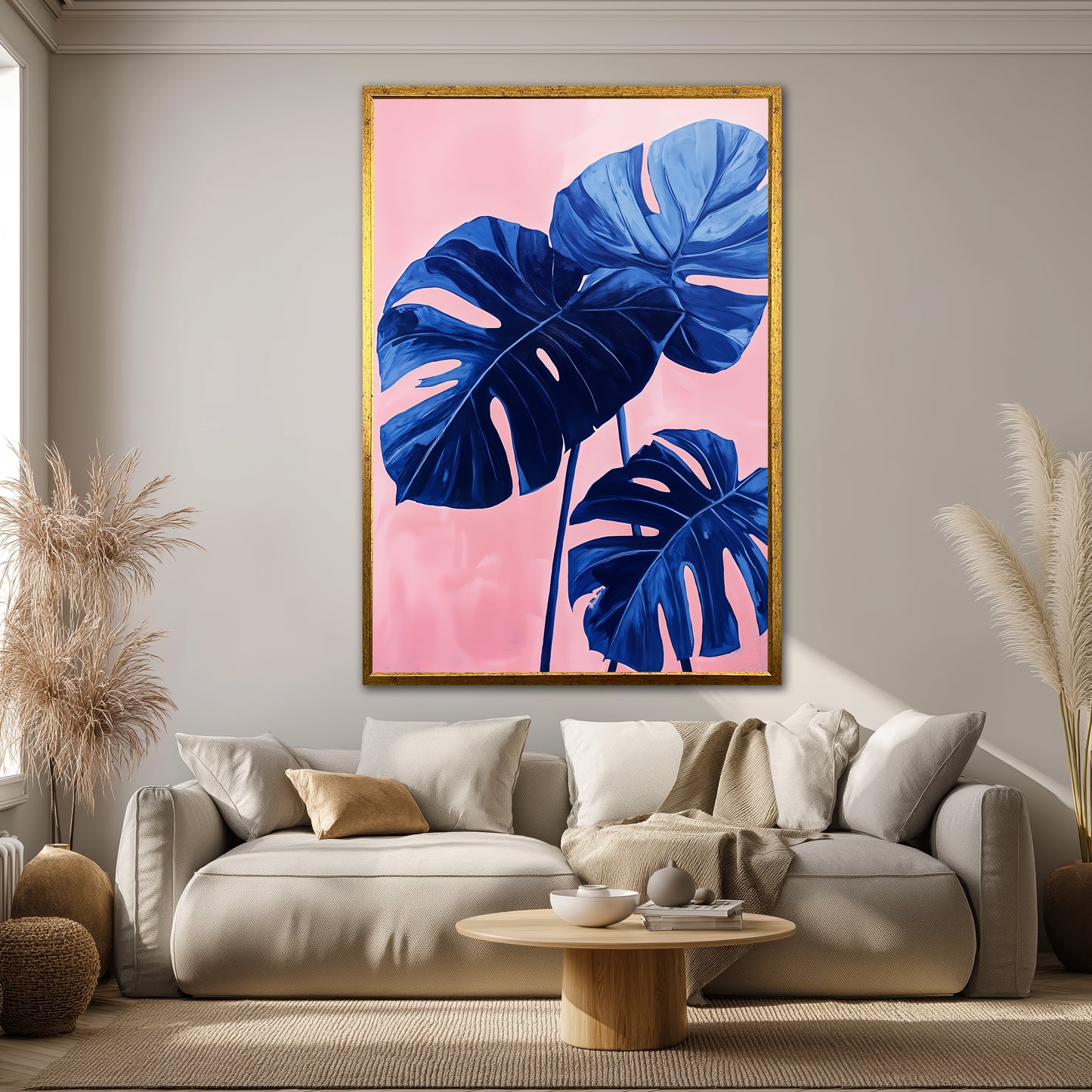 Blue Monstera Leaves Wall Art - Modern Pink Background Botanical Print