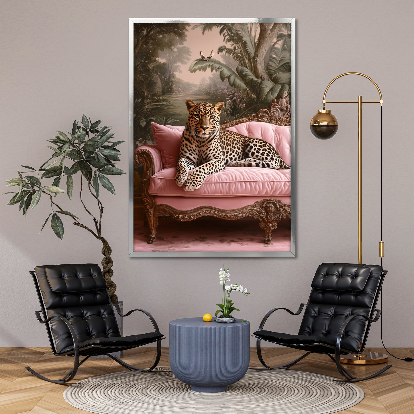 Leopard on Pink Sofa Canvas Print - Maximalist Jungle Wall Art