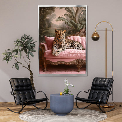Leopard on Pink Sofa Canvas Print - Maximalist Jungle Wall Art