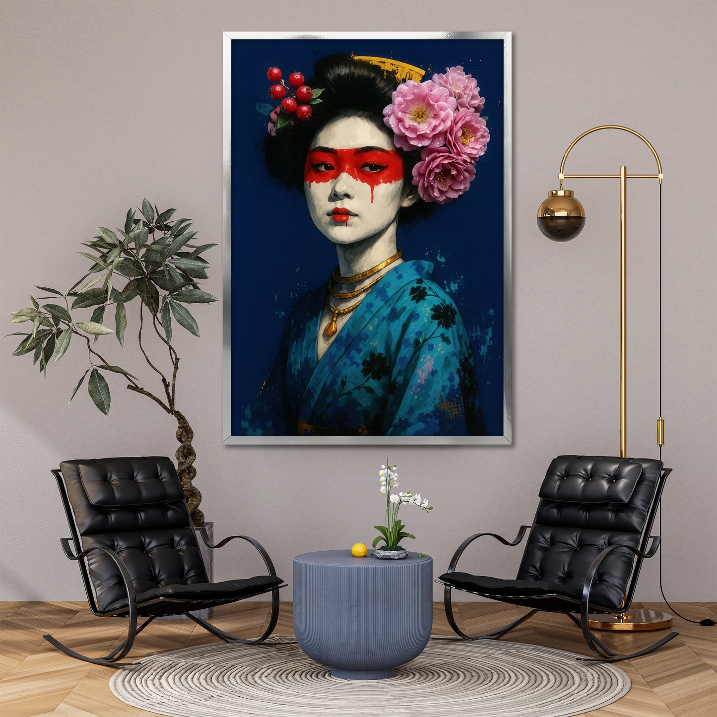 Modern Japanese Geisha Canvas Wall Art - Blue Kimono Portrait Decor