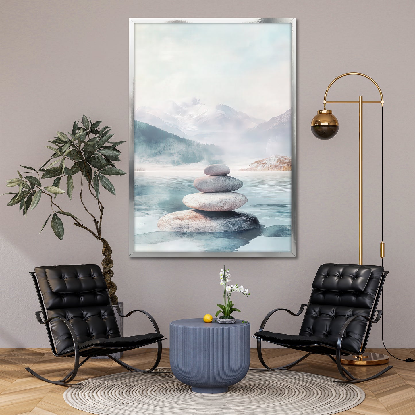 Zen Balanced Stones Misty Mountain Wall Art - Nordic Landscape Print