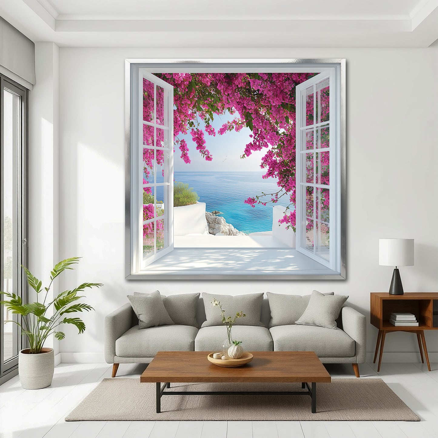 Mediterranean Open Window View Canvas Wall Art - Bougainvillea Flower Sea Landscape Print