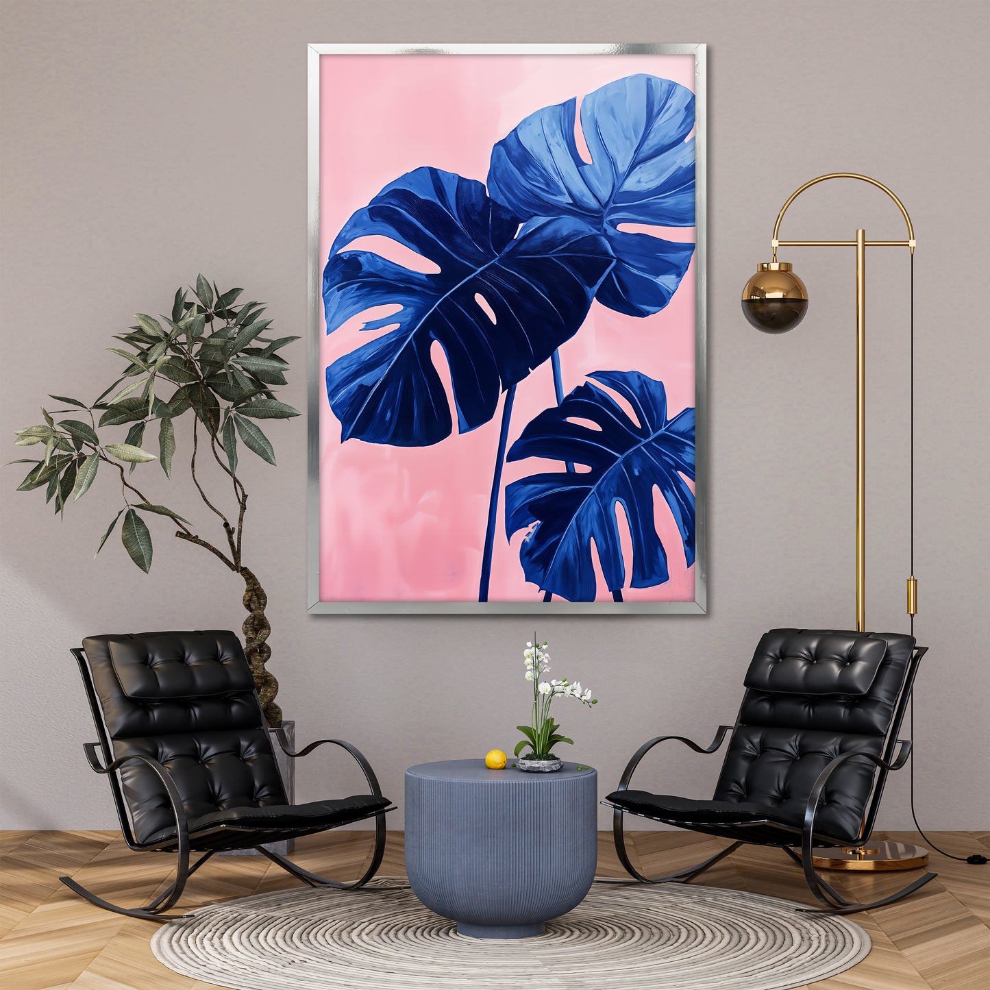Blue Monstera Leaves Wall Art - Modern Pink Background Botanical Print