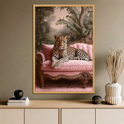 Leopard on Pink Sofa Canvas Print - Maximalist Jungle Wall Art