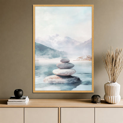Zen Balanced Stones Misty Mountain Wall Art - Nordic Landscape Print