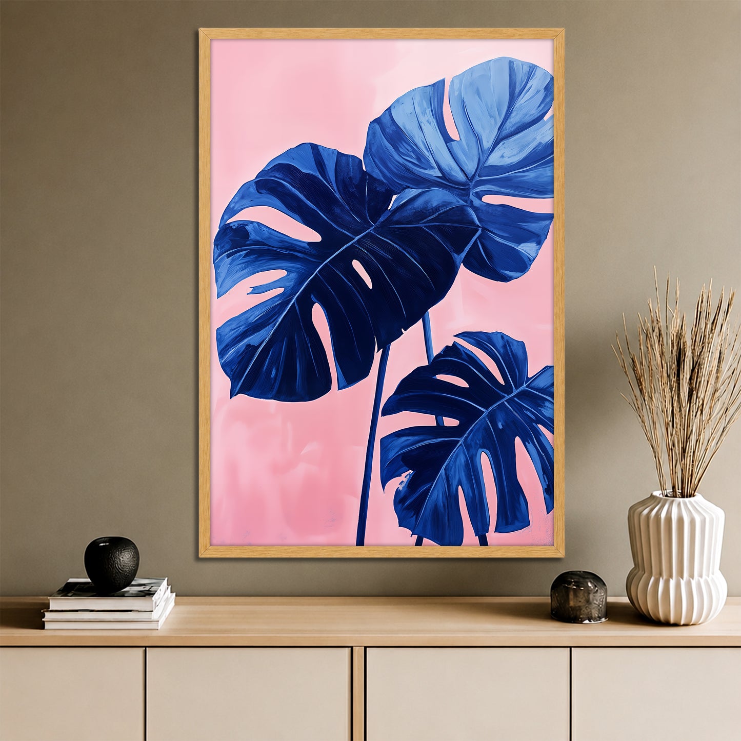 Blue Monstera Leaves Wall Art - Modern Pink Background Botanical Print