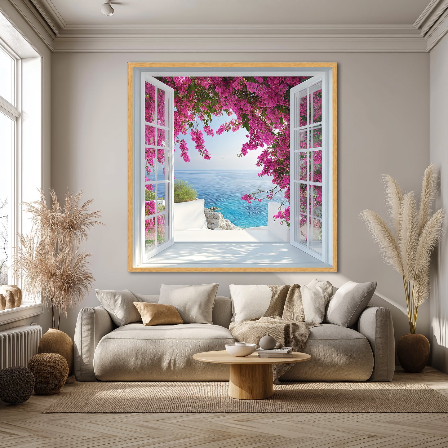 Mediterranean Open Window View Canvas Wall Art - Bougainvillea Flower Sea Landscape Print