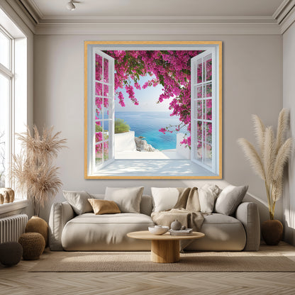 Mediterranean Open Window View Canvas Wall Art - Bougainvillea Flower Sea Landscape Print