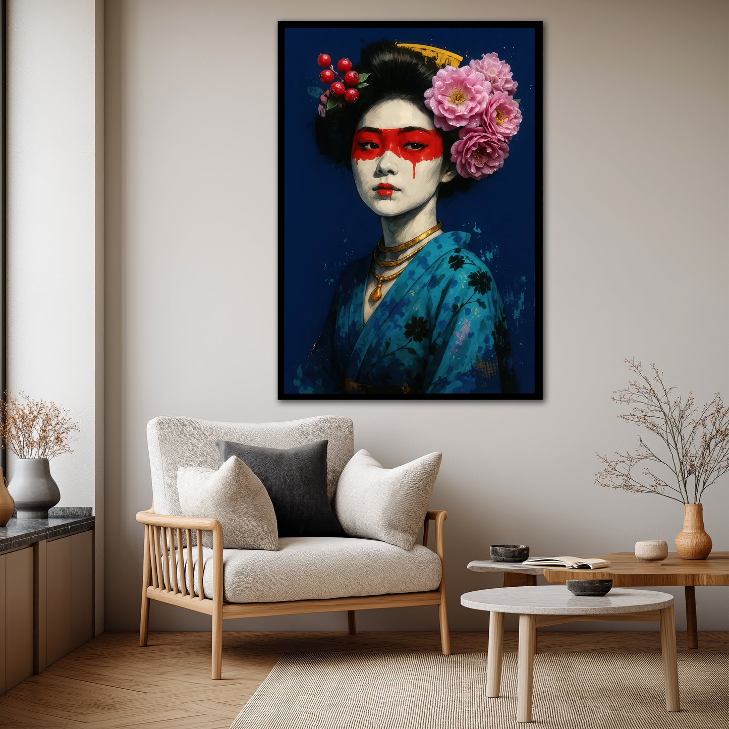Modern Japanese Geisha Canvas Wall Art - Blue Kimono Portrait Decor