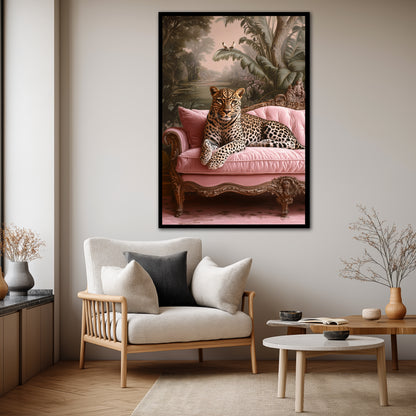 Leopard on Pink Sofa Canvas Print - Maximalist Jungle Wall Art