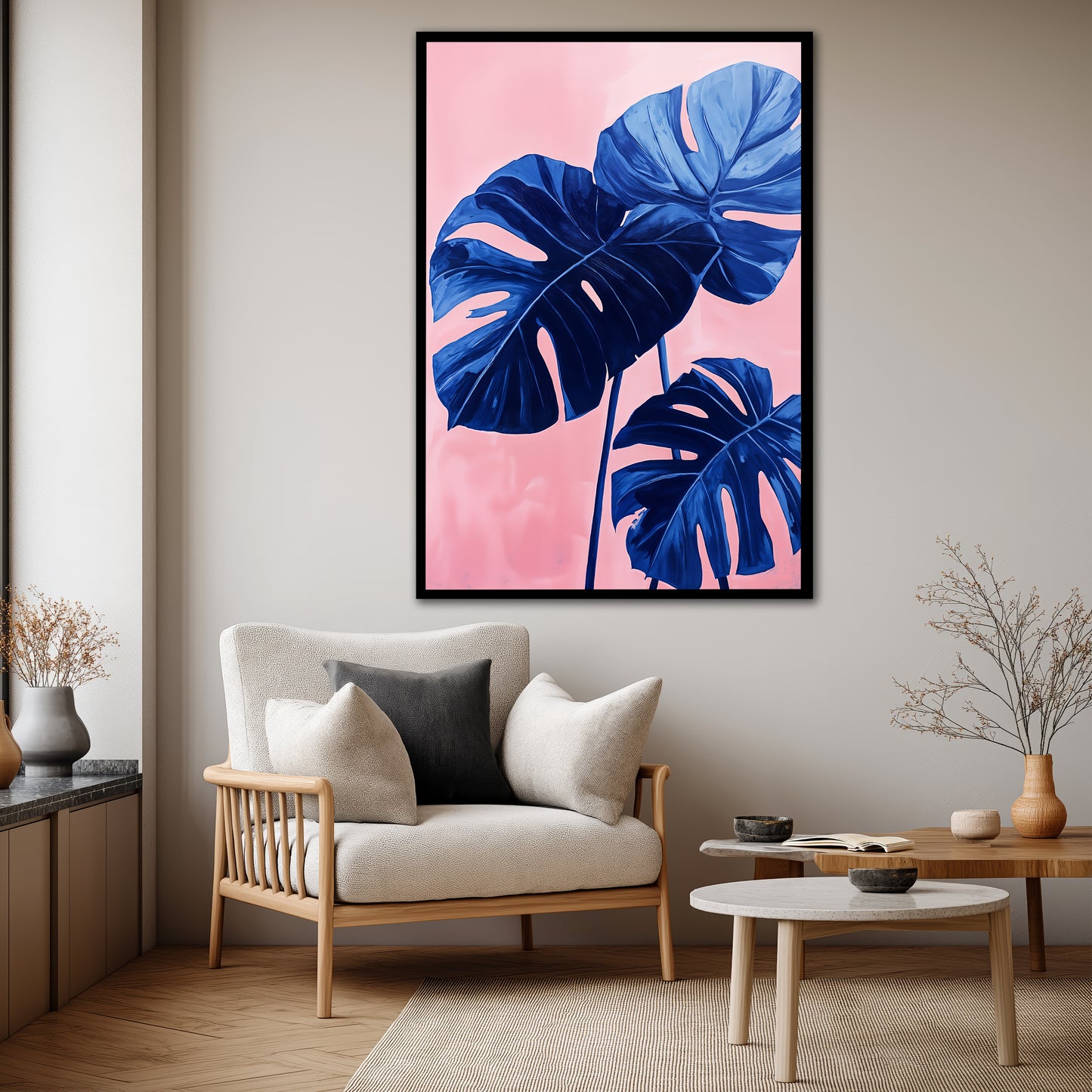 Blue Monstera Leaves Wall Art - Modern Pink Background Botanical Print