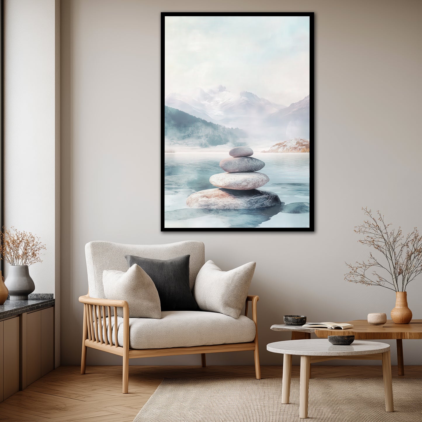 Zen Balanced Stones Misty Mountain Wall Art - Nordic Landscape Print